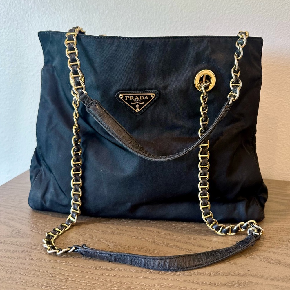 Prada Tessuto Nylon Chain Shoulder Bag - Black / Gold